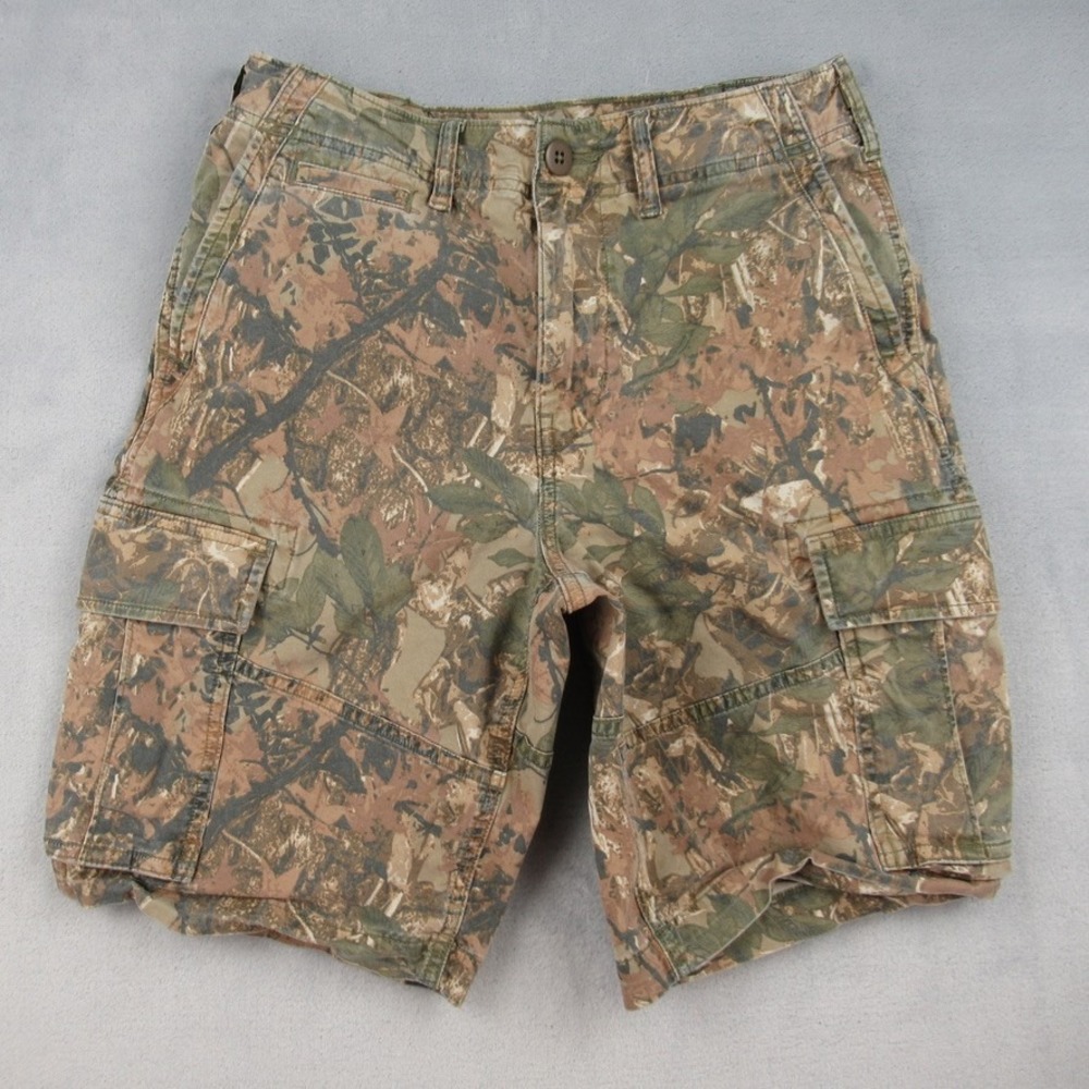 American Eagle Flex Cargo Short Mens 28 Camo Leaf Print Brown Green Utility 3390